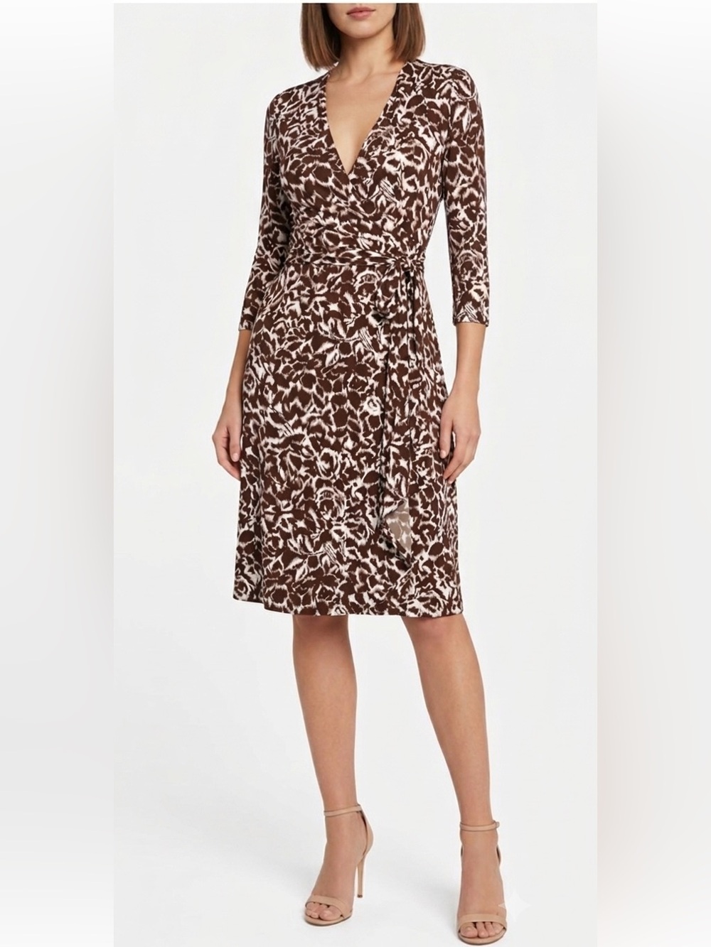 BCBGMaxAzria Brown and White Floral Wrap Dress XS